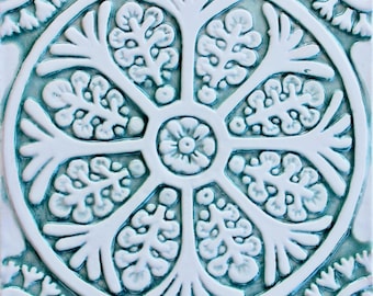 Floral Ceramic Tile Wall Art: Suzani Inspired Aqua Decor (20cm/7.9")