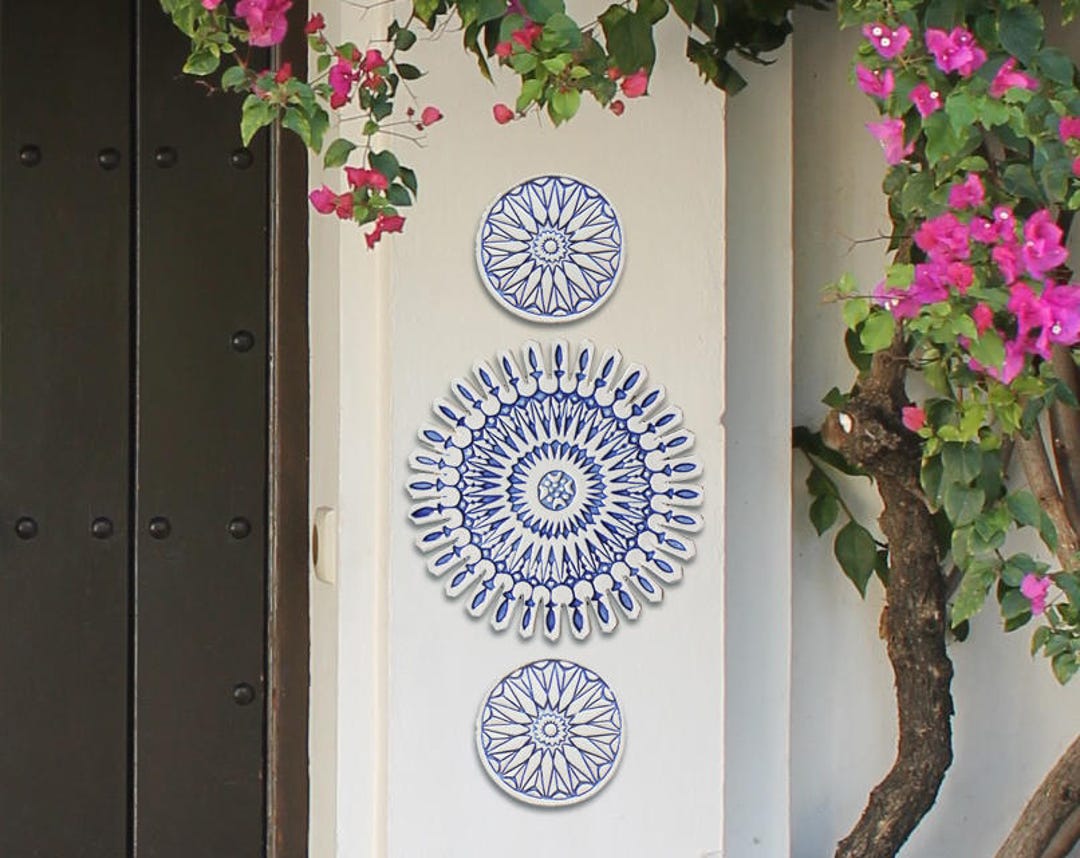 Ceramic Outdoor Wall Art, Blue & White Moroccan Garden Decor (set