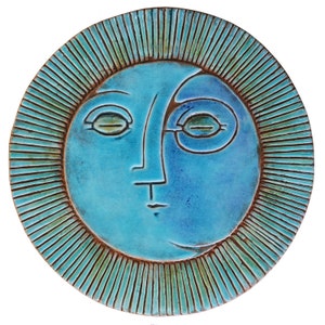 Decorative Tile With Sun&moon Design For Bathroom Wall Decor, Ceramic Tile, Outdoor Wall Art, Decor Tile, Sun And Moon 4 XL 30cm Turquoise image 2