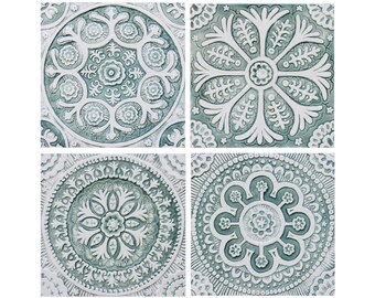 4 Ceramic Decorative Tiles For Outdoor Wall Art, Garden Decor, Kitchen Or Bathroom, Ceramic Art With Floral Design, 4 Suzani Mix 30cm Aqua