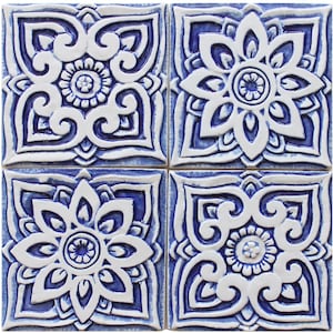 4 Ceramic Tiles For Outdoor Decor, Bathroom Inspira Tiles, Kitchen Wall Hanging, Ceramic Tile Art, Moroccan-Mandala-Suzani, 15cm Blue&White