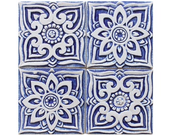 4 Ceramic Tiles For Outdoor Decor, Bathroom Inspira Tiles, Kitchen Wall Hanging, Ceramic Tile Art, Moroccan-Mandala-Suzani, 15cm Blue&White