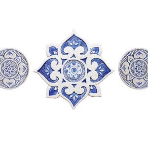 3 Circle Garden Decor With Mandala Design For Patio, Garden Art, Outdoor Wall Art, Ceramic Tiles, Yard Art, Mandala #3 Blue