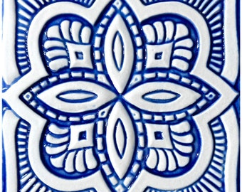 Hand-Painted Ceramic Tile: Spanish Blue and White Mosaic, 15cm