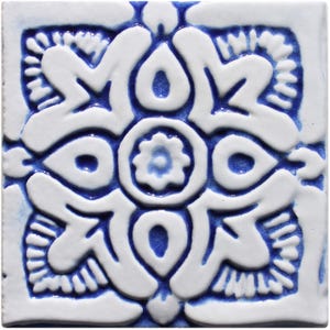Outdoor Wall Art, Ceramic Tile With Ethnic Design, Floral Boho Chic, Garden Ceramic Tile, Patio Decor Suzani #3 10cm Blue&White