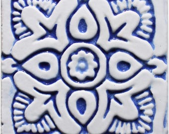 Handmade Ceramic Tile: Blue & White Floral Suzani, Outdoor Patio Decor (10cm)