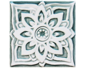 Ceramic Tile With Mandala Decor, Decorative Tile, Relief Tile, Bathroom Wall Decor, Spanish Tile, Ceramic Tile, Mandala #2, 15cm Aqua