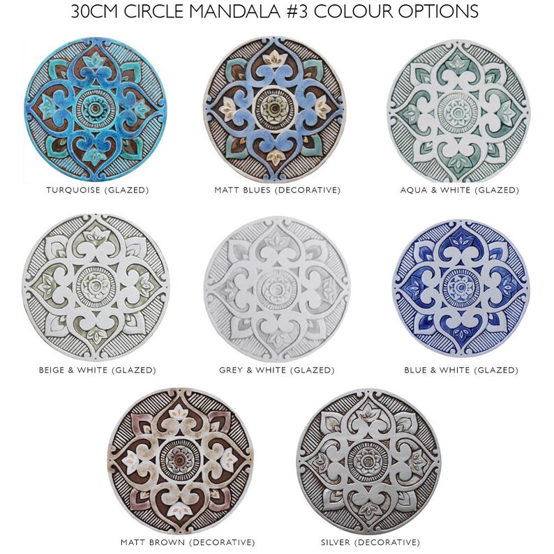 May include: A set of 30 cm circle mandala wall decor in various color options, including turquoise, matt blues, aqua and white, beige and white, grey and white, blue and white, matt brown, and silver.