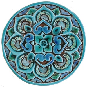 Mandala Wall Tile For Garden Decoration Made From Ceramic, Outdoor Wall Art Tile, Handmade Tile For Patio Design, Mandala #1 21cm Turquoise