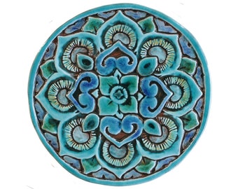 Mandala Wall Tile For Garden Decoration Made From Ceramic, Outdoor Wall Art Tile, Handmade Tile For Patio Design, Mandala #1 21cm Turquoise