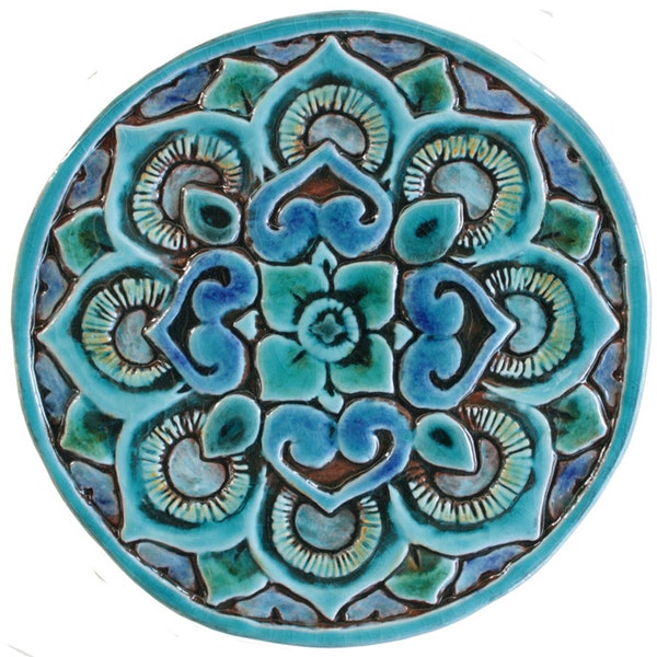 Mandala wandtegel voor tuindecoratie gemaakt van keramiek, buitenmuurkunsttegel, handgemaakte tegel voor terrasontwerp, Mandala #1 21cm turkoois