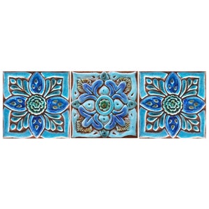 3 Ceramic Tiles For Bathroom Design, Ceramic Wall Art, Kitchen Backsplash Ideas, Backyard Art, Moroccan-Mandala-Suzani Design 15cm Turquoise