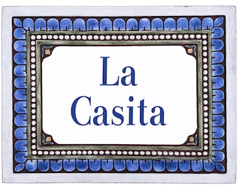 Handmade Ceramic House Sign: Spanish Tile, Leaves Design