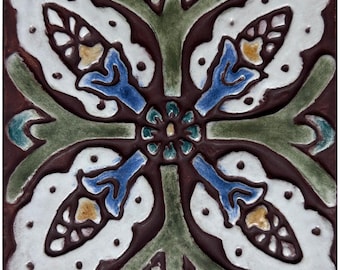 Hand-Painted Floral Tile: Suzani Wall Art, Matt Blue (10cm)