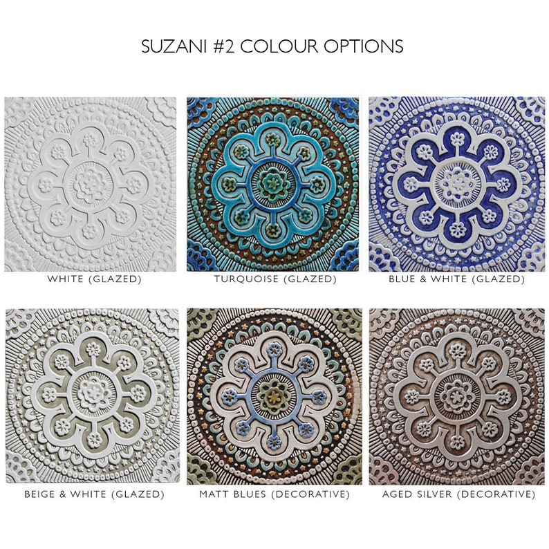 May include: Six ceramic tiles with intricate floral patterns in various color combinations. The tiles are labeled with their color options: White (Glazed), Turquoise (Glazed), Blue & White (Glazed), Beige & White (Glazed), Matt Blues (Decorative), and Aged Silver (Decorative).