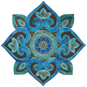 Tile art with mandala design for garden decor, turquoise tile mural for garden, ceramic tiled mural garden art, mosaic wall art, 80cm/31.5"