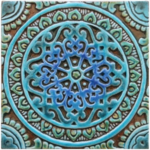 Mandala Ceramic Tile With Tibetan Designs, Tiles For Home Decor, Wall Art And Wall Hanging For Coaster Decor, Mandala #1 20cm Turquoise