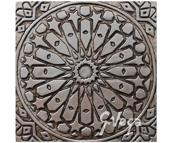 Collectible Ceramic Tile Pieces, Artistic Wall Decor, Relief Sculptures, Handmade Ceramic Art, Textured Wall Tiles, Moroc #1 Aged Silver