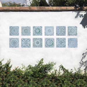 12 Mosaic Kitchen Tiles Beach Decor, Rustic Relief Ceramic Tiles, Large Wall Sculpture, Bathroom Decor, Wall Art, Mix Design 20cm Aqua