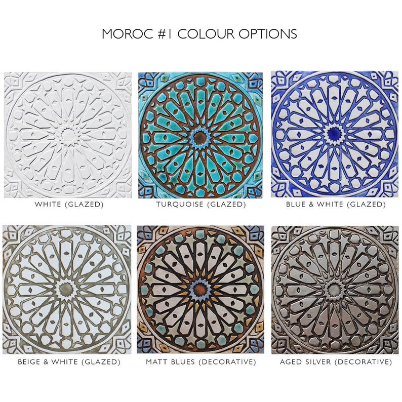May include: Six different color options for a decorative Moroccan tile. The tile features a white background with a detailed geometric pattern in various colors, including turquoise, blue, beige, and silver.