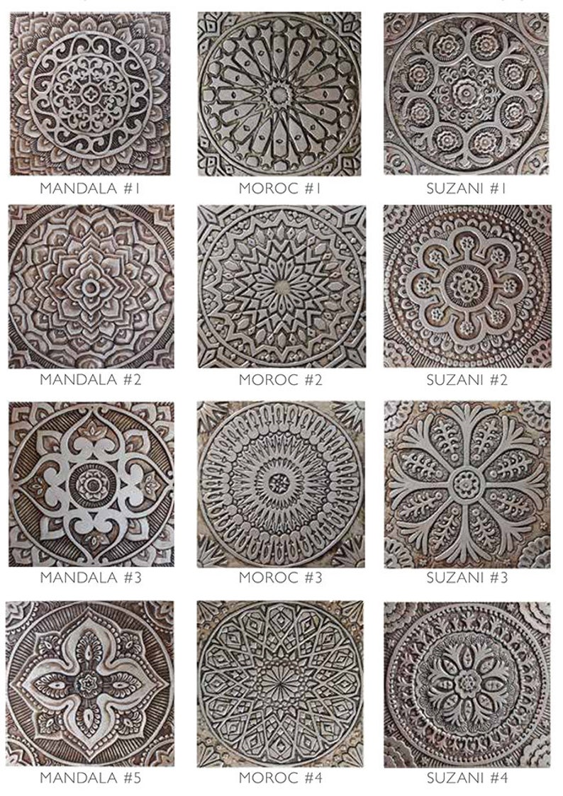 May include: A set of 12 decorative tiles featuring intricate patterns inspired by Moroccan, Mandala, and Suzani designs. The tiles are made of a textured material with a silver-grey color.