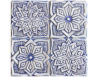 4 Ceramic Tiles For Kitchen Backsplash Design, Ceramic Tile, Backyard Inspire, Bathroom With Moroccan-Mandala-Suzani Design 15cm Blue&White