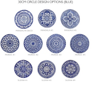 May include: Nine different 30 cm blue and white ceramic circle designs. The designs include mandala, moroc, and suzani patterns.