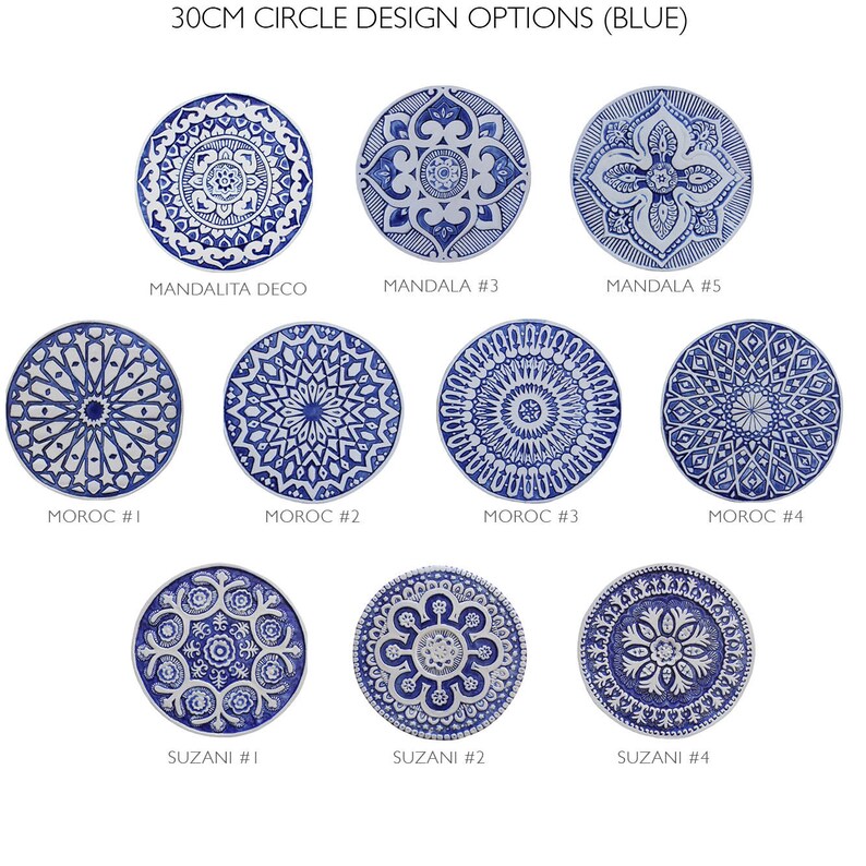 May include: Nine different 30 cm blue and white ceramic circle designs. The designs include mandala, moroc, and suzani patterns.