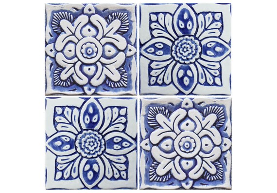 Garden Decor With Suzani Design Set Of 4 Tiles Ceramic Wall Etsy