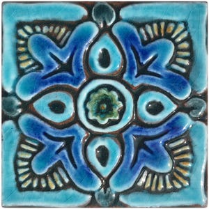 Outdoor Wall Art, Ceramic Tile With Ethnic Design, Floral Boho Chic, Garden Ceramic Tile, Patio Decor Suzani #3 10cm Turquoise