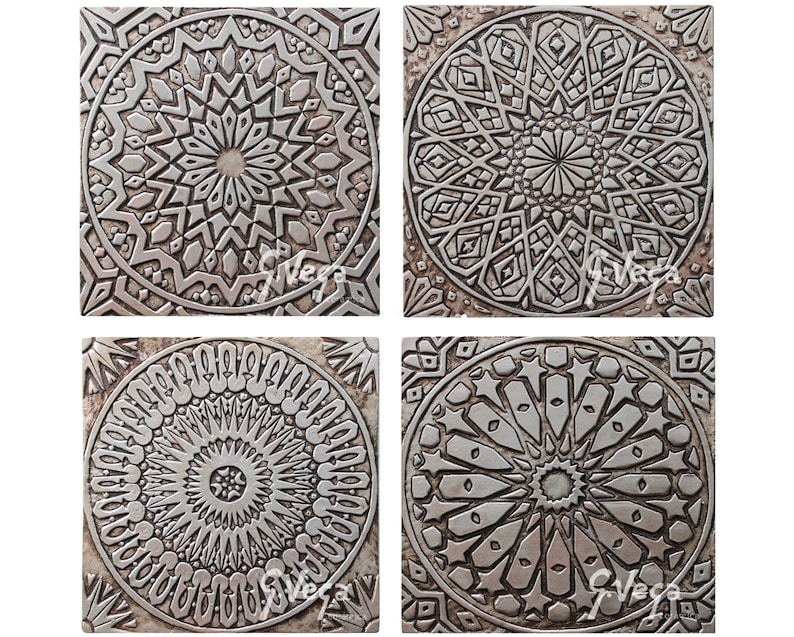 May include: Four square silver tiles with intricate geometric designs. Each tile features a different pattern of circles, stars, and lines.