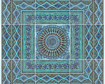 9 Handcrafted Tiles Tapestry, Large Outdoor Tiles, Boho Chic Decor, Wall Hanging Design, Indoor and Outdoor Mural #6 91cm Turquoise