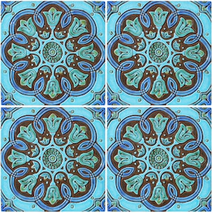 4 Tiles Design For Wall Decor Made From Ceramic, Outdoor Wall Art,  Large Tile Wall Hanging For Living Decor, Spanish #12 30cm Turquoise