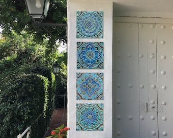 Deep Relief Ceramic Tiles: Turquoise Mandala Wall Art ,Set of 4 (20cm/7.9")