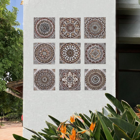 9 Piece Ceramic Garden Tile Set: Matt Brown Coastal Wall Art (30cm