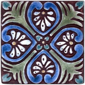 Yard Art Decor Tile, Outdoor Wall Art, Ceramic Tile With Ethnic Design, Boho Chic, Garden Ceramic Tile, Spanish #2 10cm Matt Blue