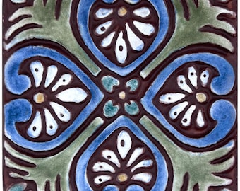 Handmade Ceramic Tile: Boho Ethnic Design, Matt Blue (10cm)