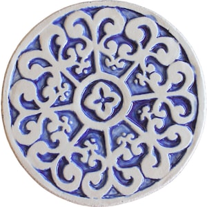 Decorative Tile Hand Painted With Mandala Design For Outdoor, Ceramic Tile With Swirls, Ceramic Art, Ceramic Tile, Mandala #2 15cm Blue