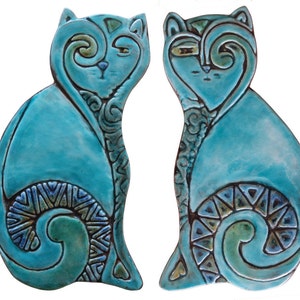 Cat Wall Hangings, Ceramic Cats, Cat Wall Decor, Wall Art, Pair of cats-plain, Textured Tiles For Walls, Artistic Tile, 26cm Turquoise