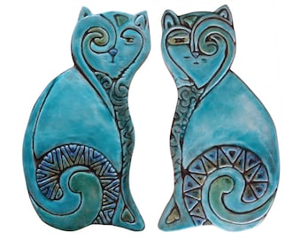 Cat Wall Hangings, Ceramic Cats, Cat Wall Decor, Wall Art, Pair of cats-plain, Textured Tiles For Walls, Artistic Tile, 26cm Turquoise