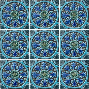 9 Floral Tiles For Outdoor Decor, Decorative Tiles For Kitchen Backsplash, Handmade Tile With Deep Relief,  Suzani #1 10cm Turquoise
