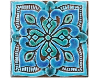 Mandala azulejo - arte exterior - decoración de jardín - arte mandala - azulejo artesanal - mandala#4 15cm - turquesa