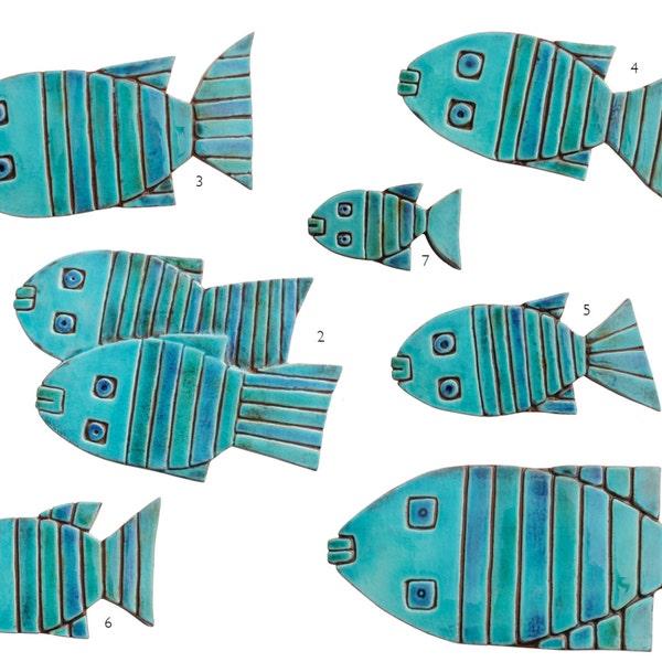 Fish wall sculpture // Fish wall art // Set of 8 fish wall tiles // Ceramic art // Garden sculpture // Turquoise