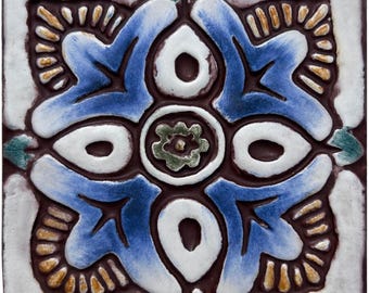 Handmade Ceramic Tile: Floral Suzani Design, Boho Chic Decor (10cm)