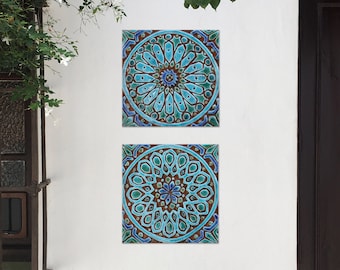 2 Wall Art Design For Bathroom Decor, Ceramic Tiles, Wall Tiles For Bathroom, Kitchen, Handmade Boho Decor, Mix Design 20cm Turquoise