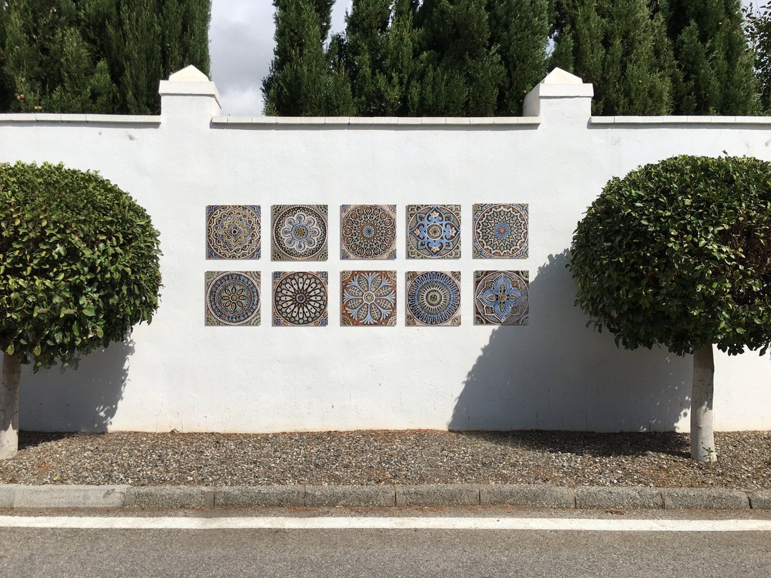 Outdoor Wall Art 10 TILES Large Wall Art, Garden Sculpture for Walls, Garden Decor in Blues and
