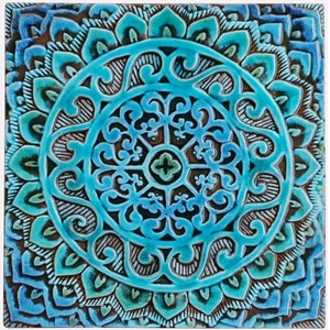 Mandala para pendurar na parede feita de cerâmica, arte de parede para exterior, decoração de jardim, azulejo de cerâmica, mandala nº 1 30 cm turquesa