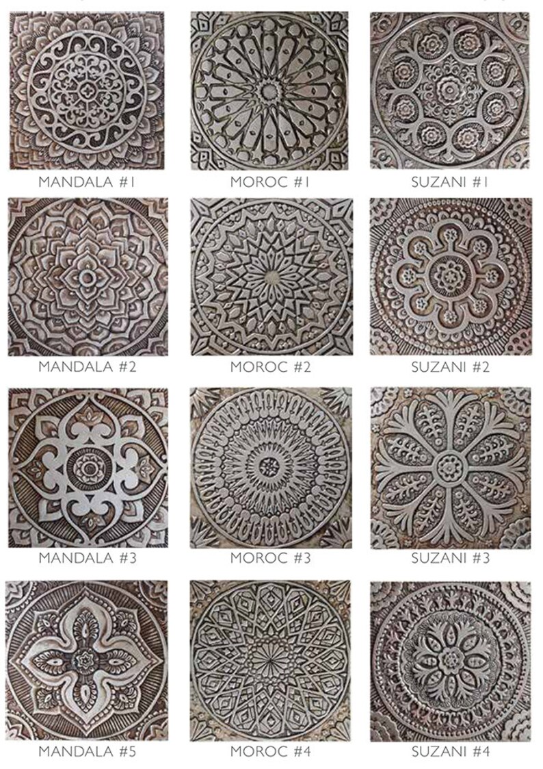 May include: A set of 12 decorative tiles featuring intricate patterns inspired by Moroccan, Mandala, and Suzani designs. The tiles are made of a textured material with a silver-grey color.