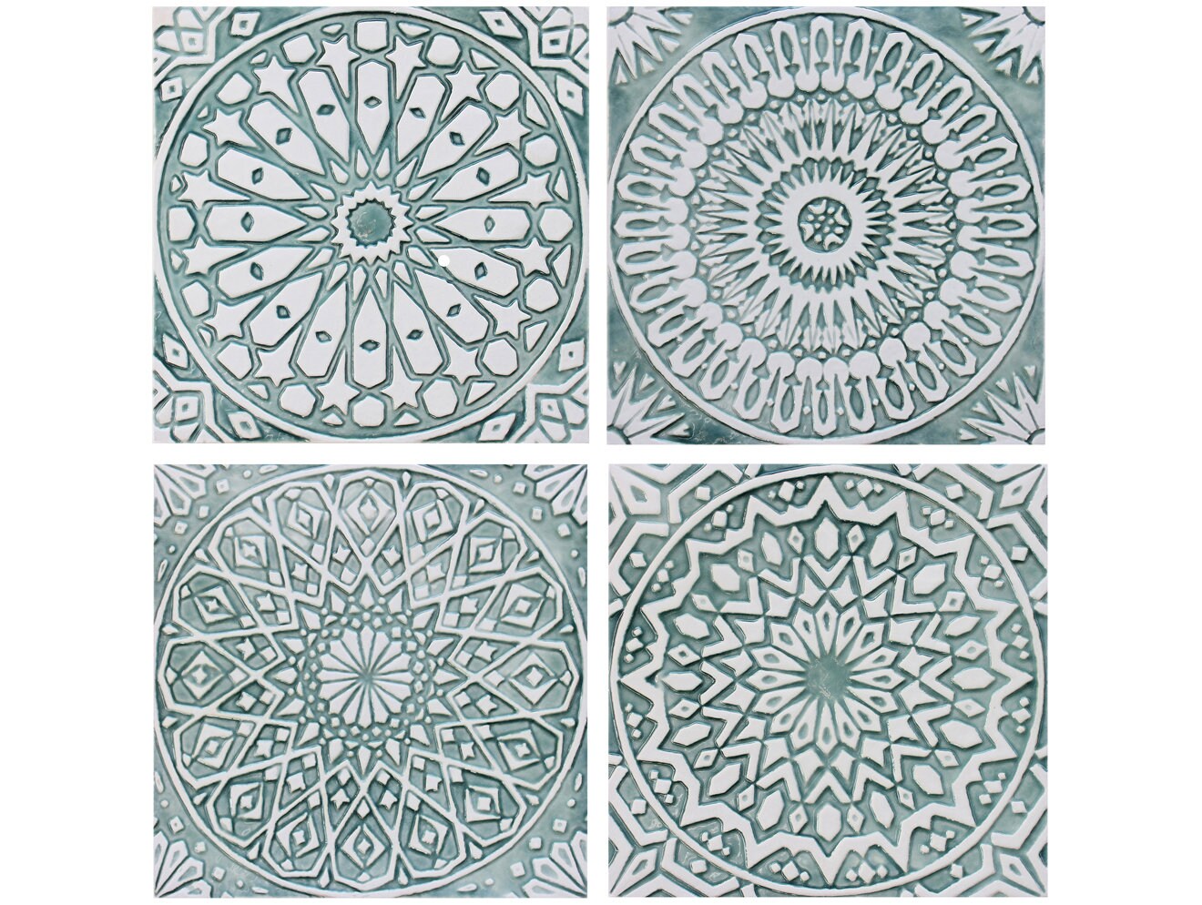 4 Moroc Decorative Ceramic Tiles For Wall Art, Bohemian Mosaic For Kitchen-Bathroom-Living Room Decor In Moroccan Design, Tile 30cm Aqua