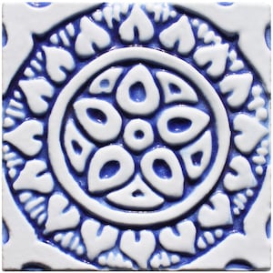 Decor Tile For Patio Wall Design, Ethnic Tile, Ceramic Tile, Hand Painted Tile, Handmade Tile, Ceramic Tiles, Mandala #1 10cm Blue&White